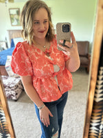 Coral Floral Embroidered Peplum Bow Top