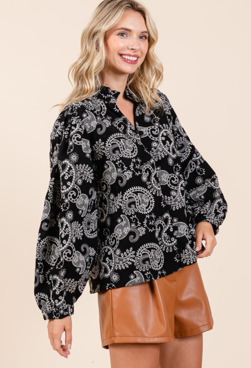 Paisley Eyelet Laced Button Down Blouse - Black