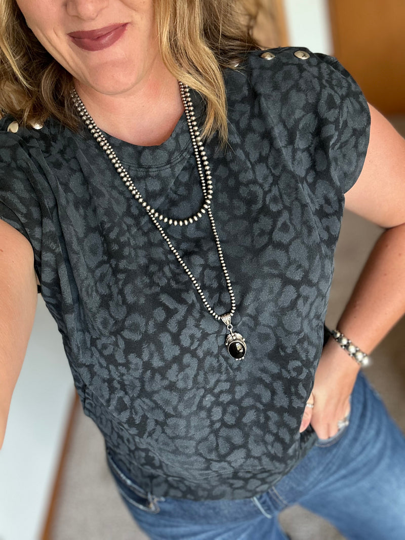 Black Leopard Stud Shoulder Top