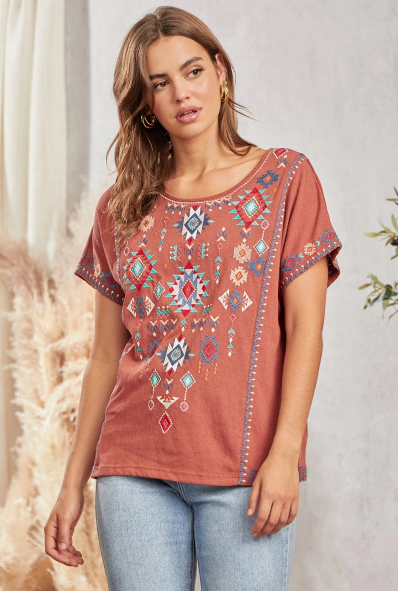 Rust Aztec Embroidered Top