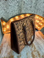 Dark Brown Tooled Leather Tote with Brown Stitch