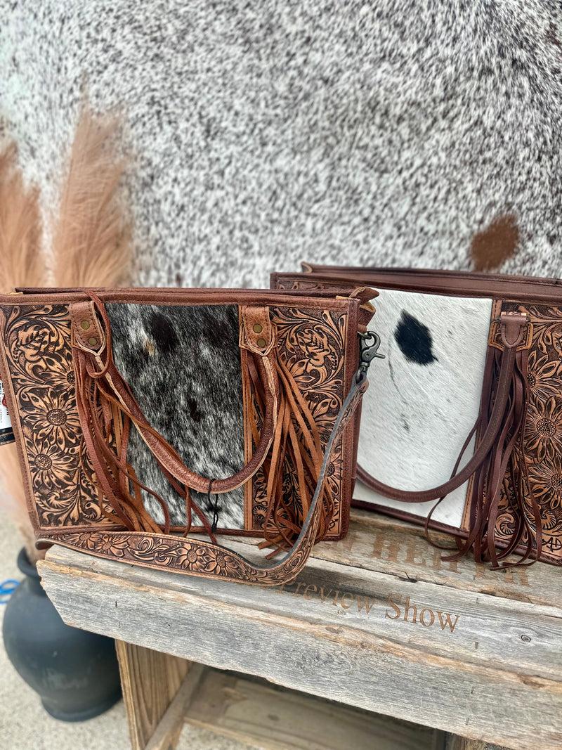 Black Cowhide / Tooled Leather Tote