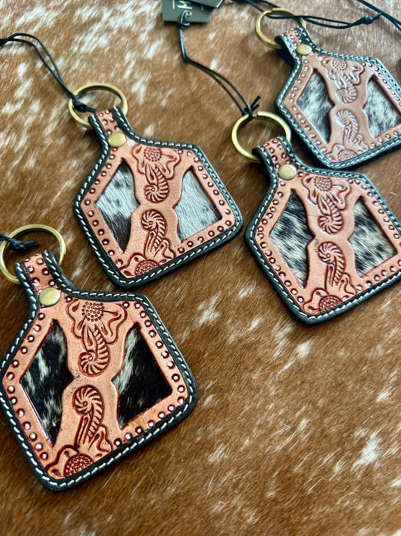 Tooled Leather / Cowhide Eartag Keychain
