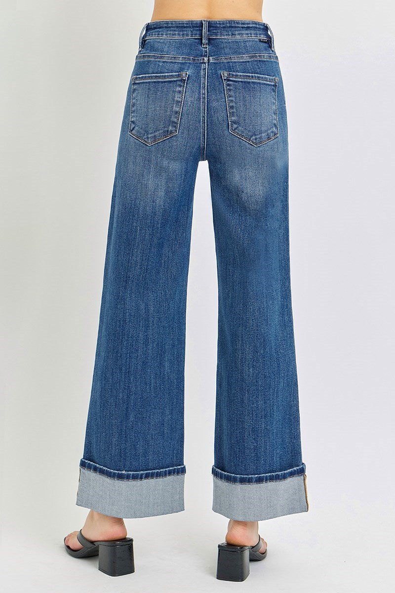Risen Cuff Wide Leg Jeans with Slant Pocket