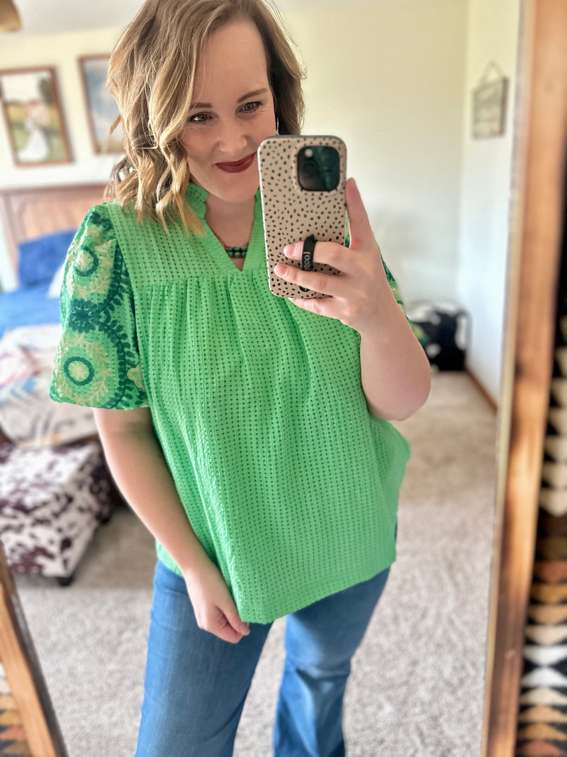 Green Checker Embroidered Sleeves Top