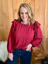 Wine Ruffle Shoulder Top
