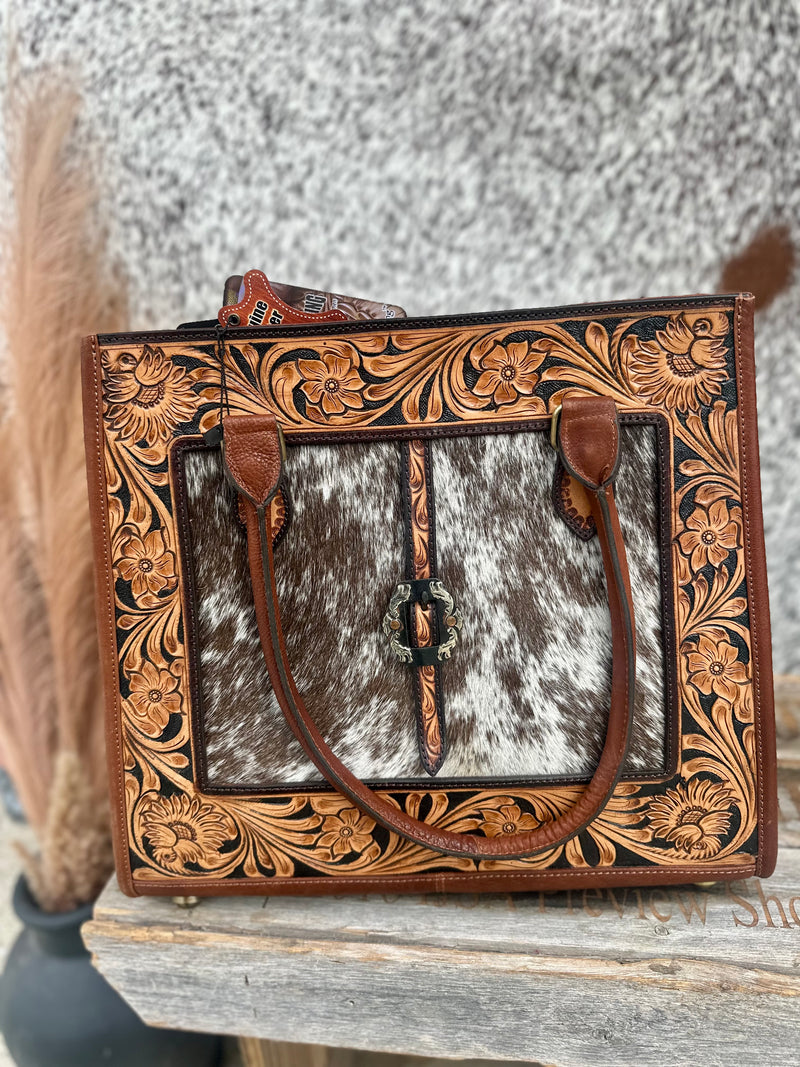 Cowhide / Tooled Leather Belt Tote