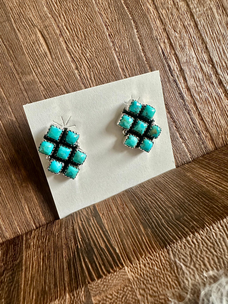 Kingman Turquoise Diamond Cluster Stud Earrings