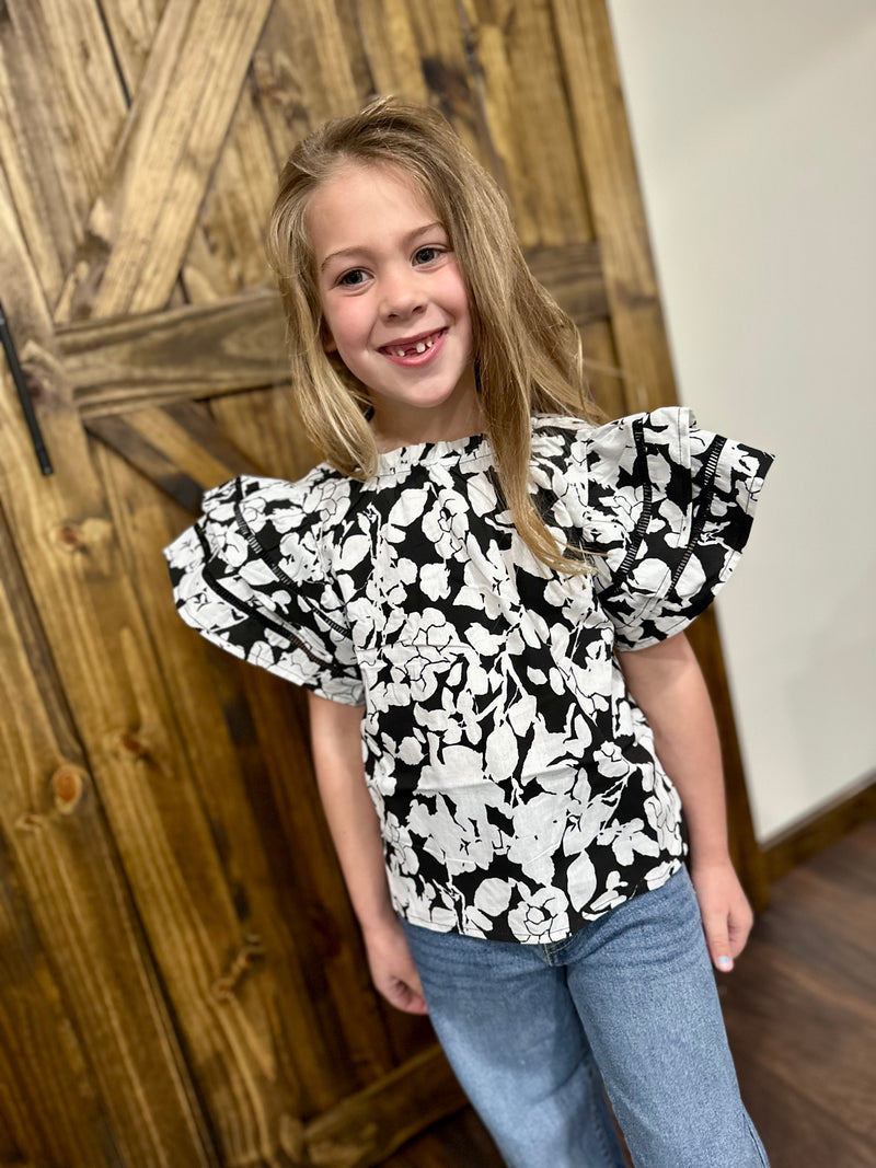 Girls Black Floral Ruffled Top