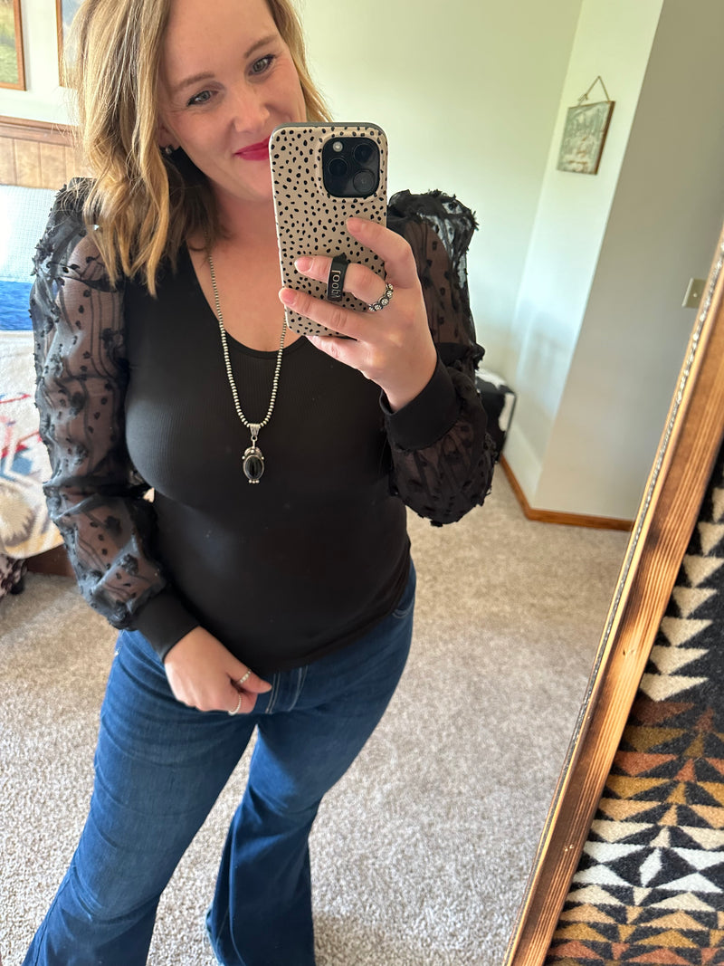 Mesh Balloon Sleeve Black Top