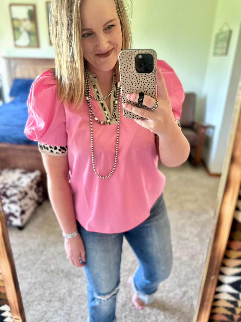 Hot Pink Leopard Trim Top