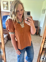 Leopard Trim Puff Sleeve Top - Caramel