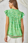 Green Floral Embroidered Trim Top
