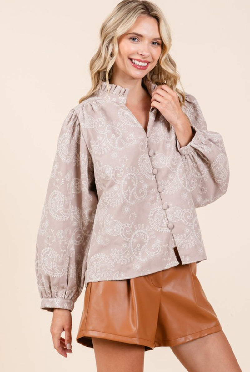 Paisley Eyelet Laced Button Down Blouse - Taupe