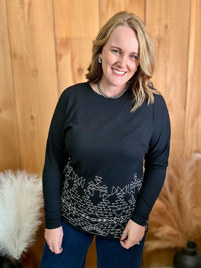 Black Aztec Stitch Top