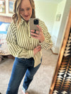 Olive Stripe Button Down Balloon Sleeve Top