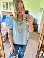 Light Blue Leopard Trim Top
