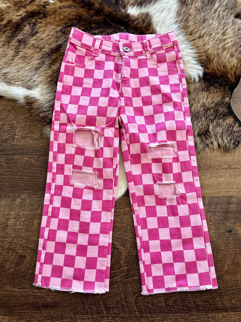 Girls Pink Checker Jeans