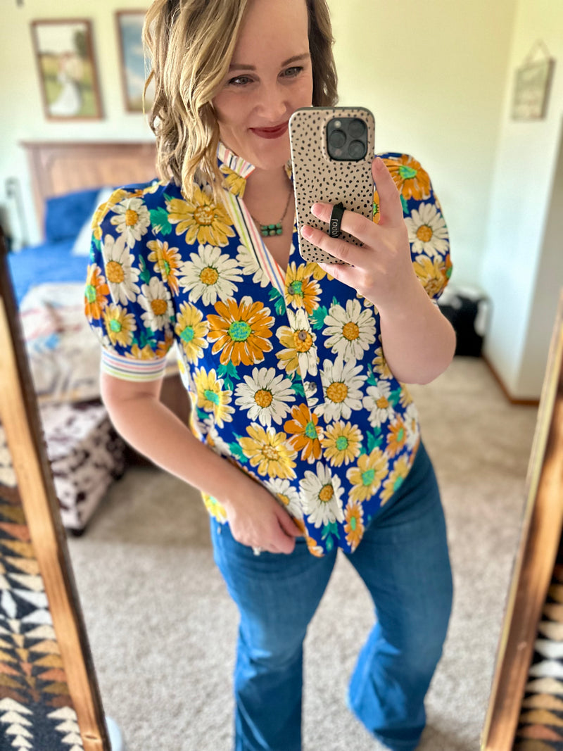 Blue Floral V Neck Top