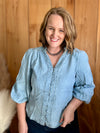 Chambray Button Down Bubble Sleeve Top