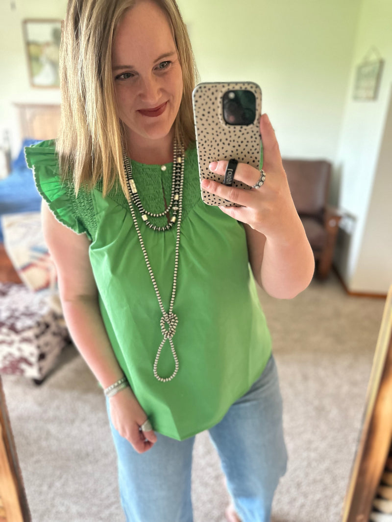 Bright Green Smocked Flutter Sleeve Top