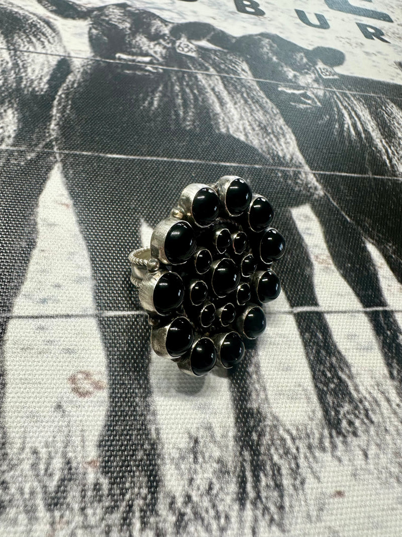 Black Onyx Cluster Adjustable Ring