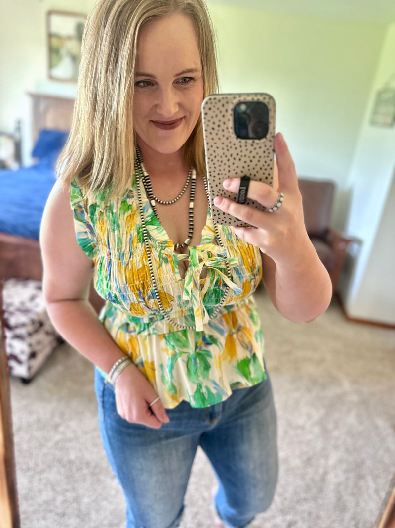 Floral Print Smocked Ruffle Hem Top