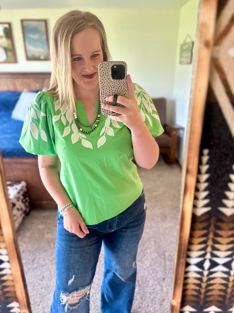 Green Embroidery Detailed Top