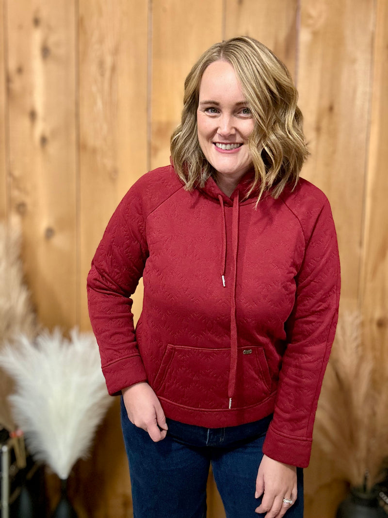 Burgundy Aztec Stitched Embroidery Hooded Sweatshirt