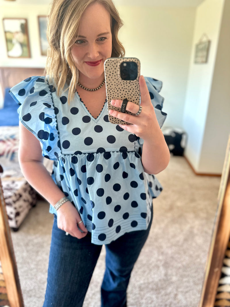Blue Polka Dot Flutter Sleeve Top