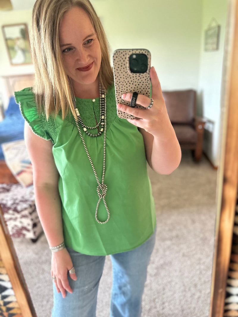 Bright Green Smocked Flutter Sleeve Top
