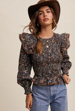 Paisley Smocked Peplum Top - Black