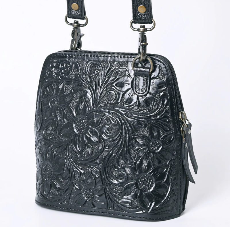 Black Tooled Leather Crossbody