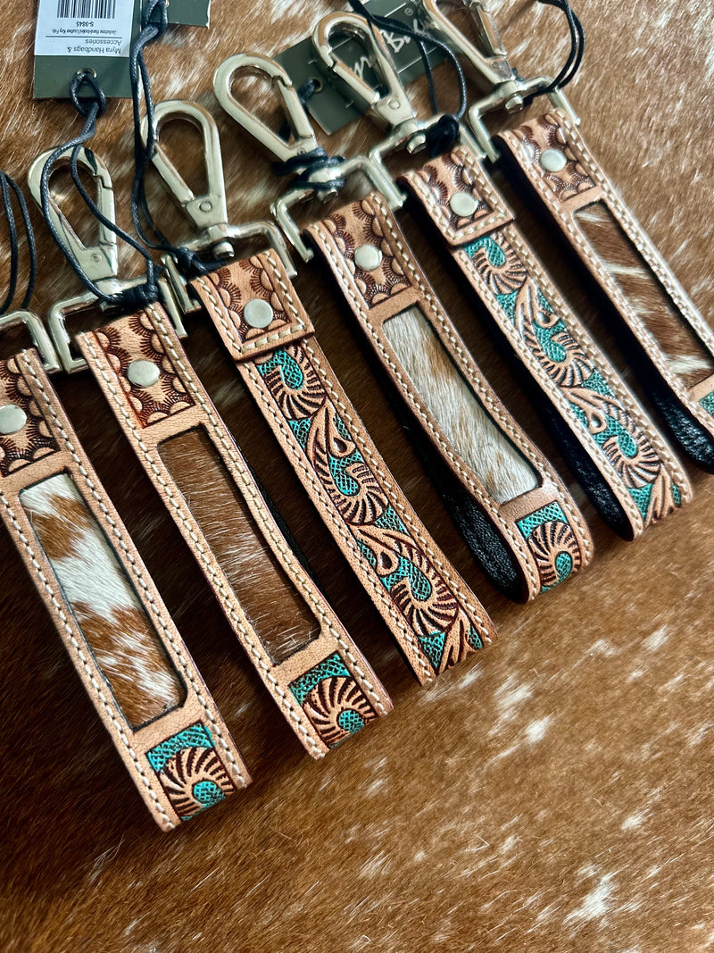 Turquoise/Brown Tooled Leather & Cowhide Keychain - 6”