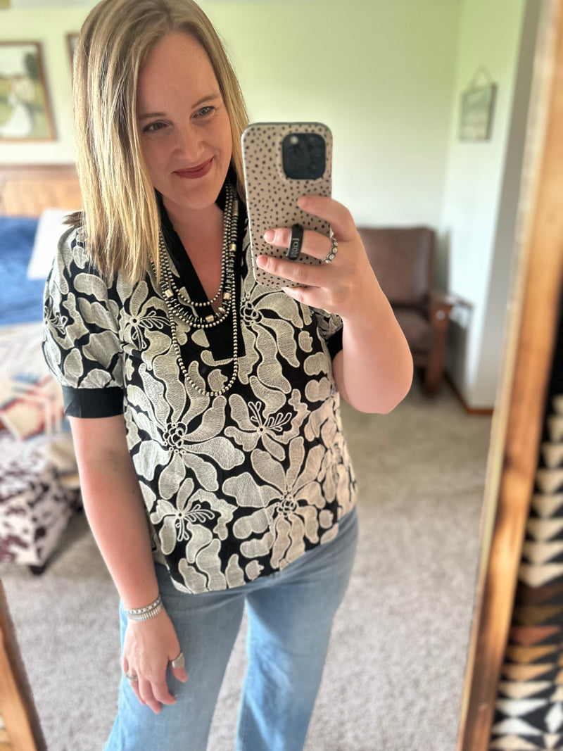 Black Floral Embroidered Puff Sleeve Top