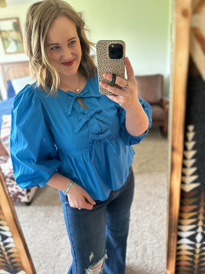 Blue Triple Bow Puffy Sleeve Top
