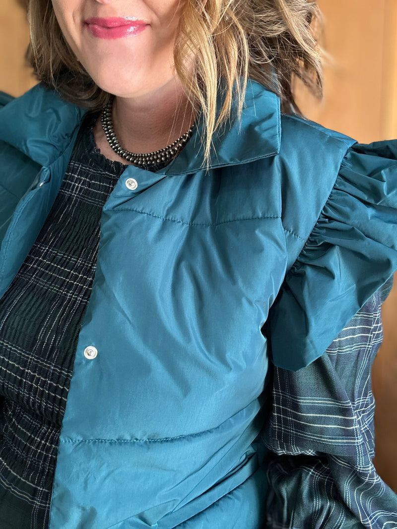 Teal Puffer Ruffle Shoulder Vest
