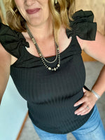 Black Ribbed Ruffled Shoulder Tank