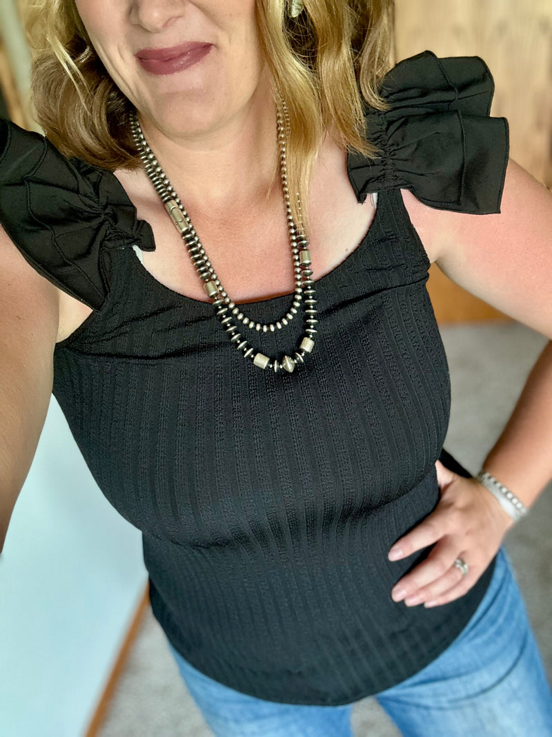 Black Ribbed Ruffled Shoulder Tank