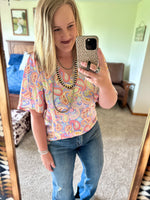 Lavender Blue Paisley V Neck Top