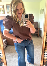 Leopard Trim Puff Sleeve Top - Brown