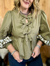 Olive Embroidered Sleeves Bow Tie Top