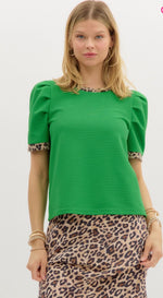 Green Ribbed Leopard Trim Top
