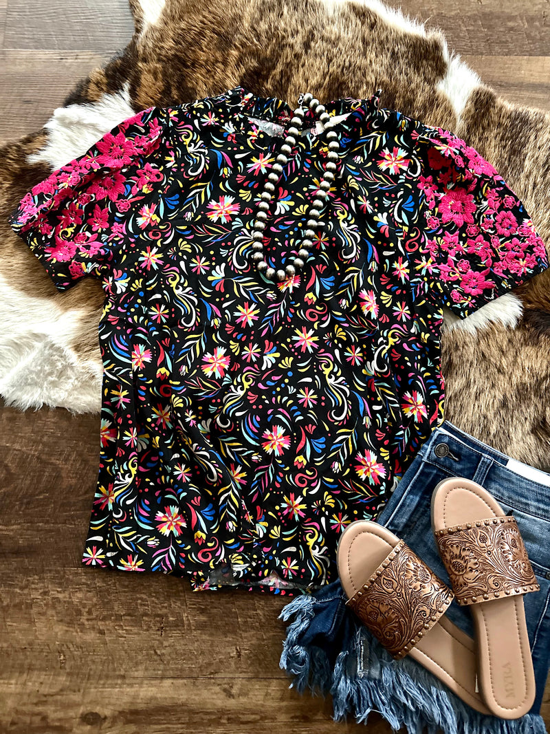 Colorful Embroidered Puff Sleeve Top