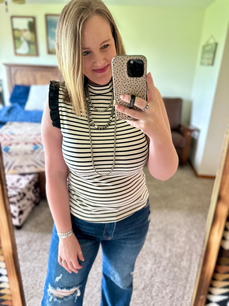 Black Stripes Pleather Shoulder Tank