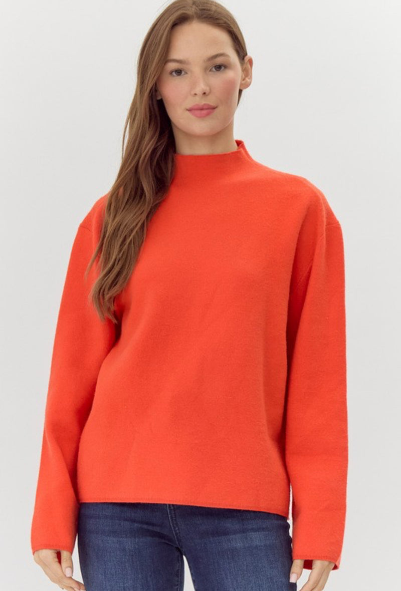 Red Orange Mock Neck Buttery Knit Top