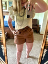 Leather Pleated Shorts with Belt - Camel