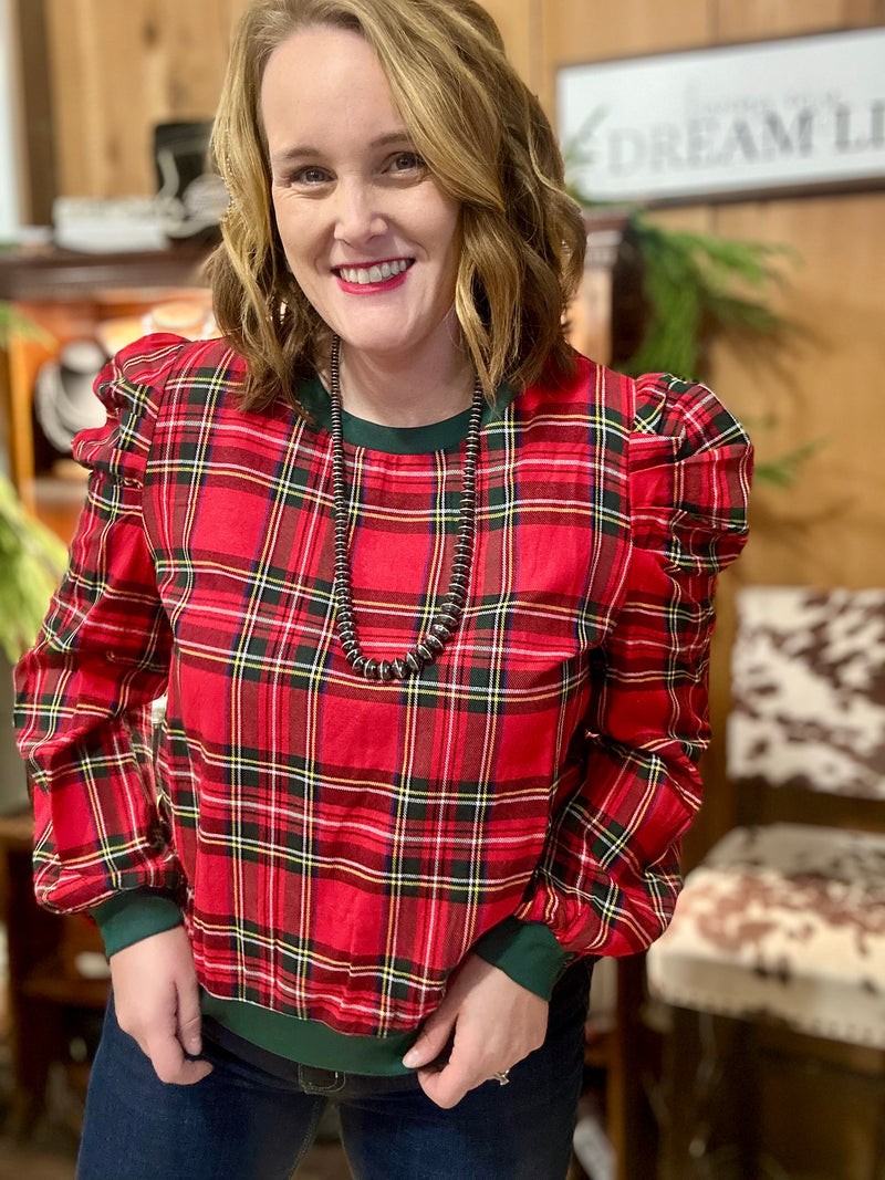 Plaid Puff Shoulder Top