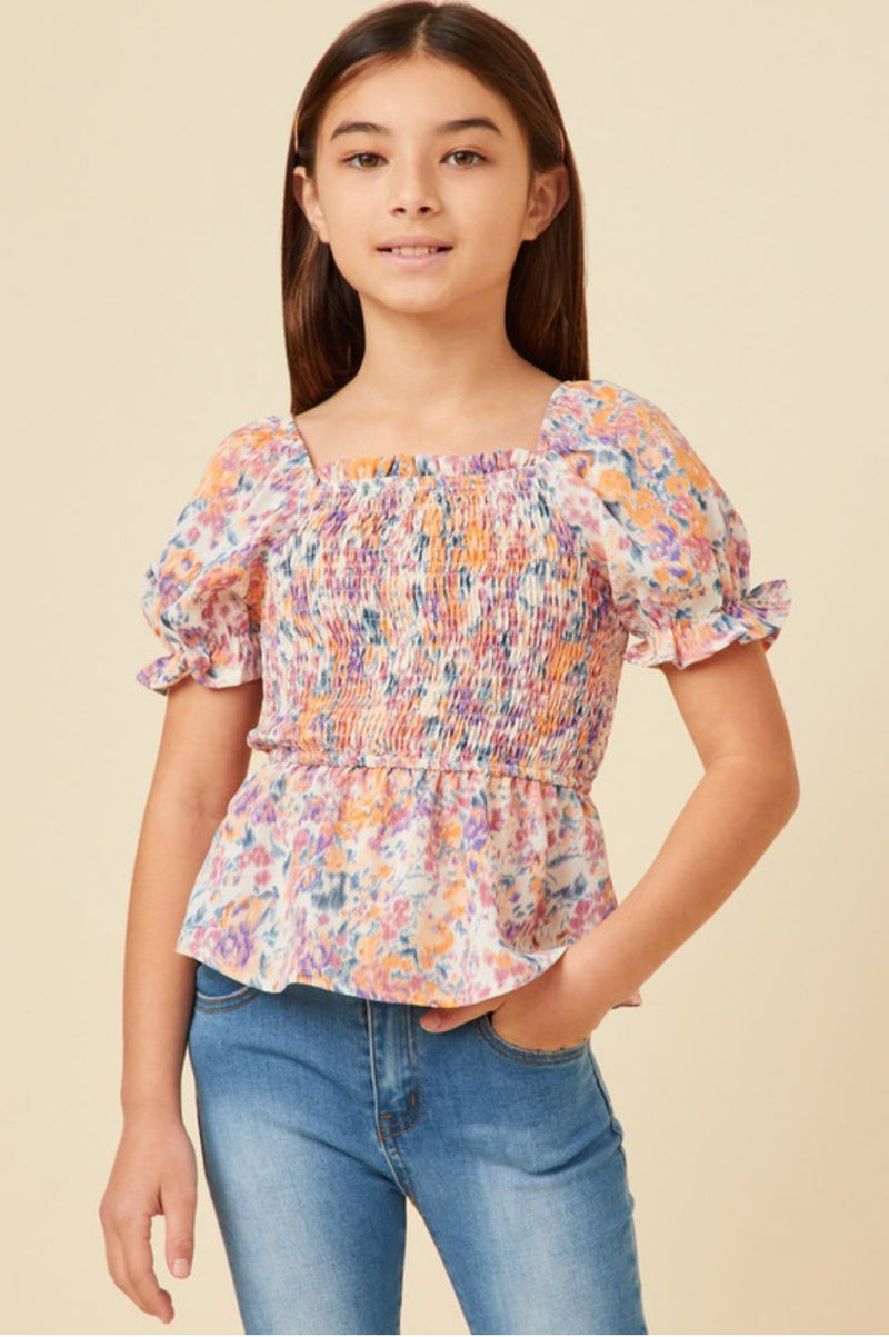 Girls Floral Smocked Puff Sleeve Top