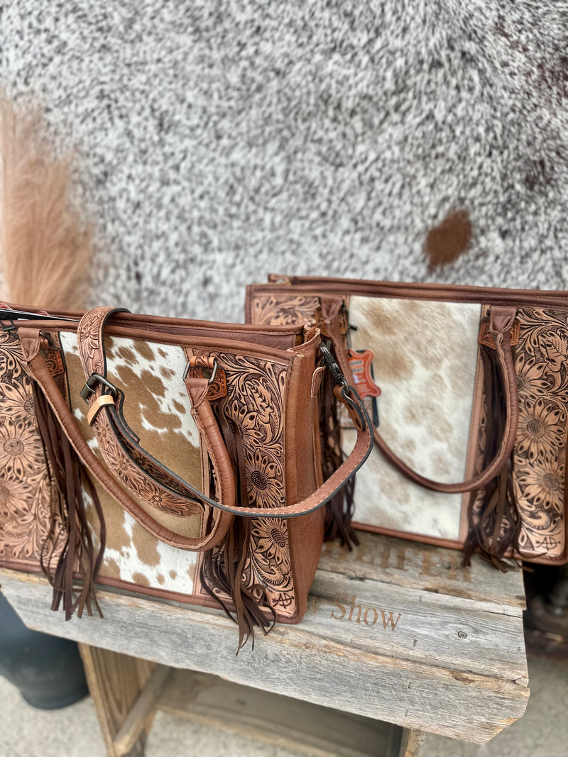 Brown Cowhide / Tooled Leather Tote
